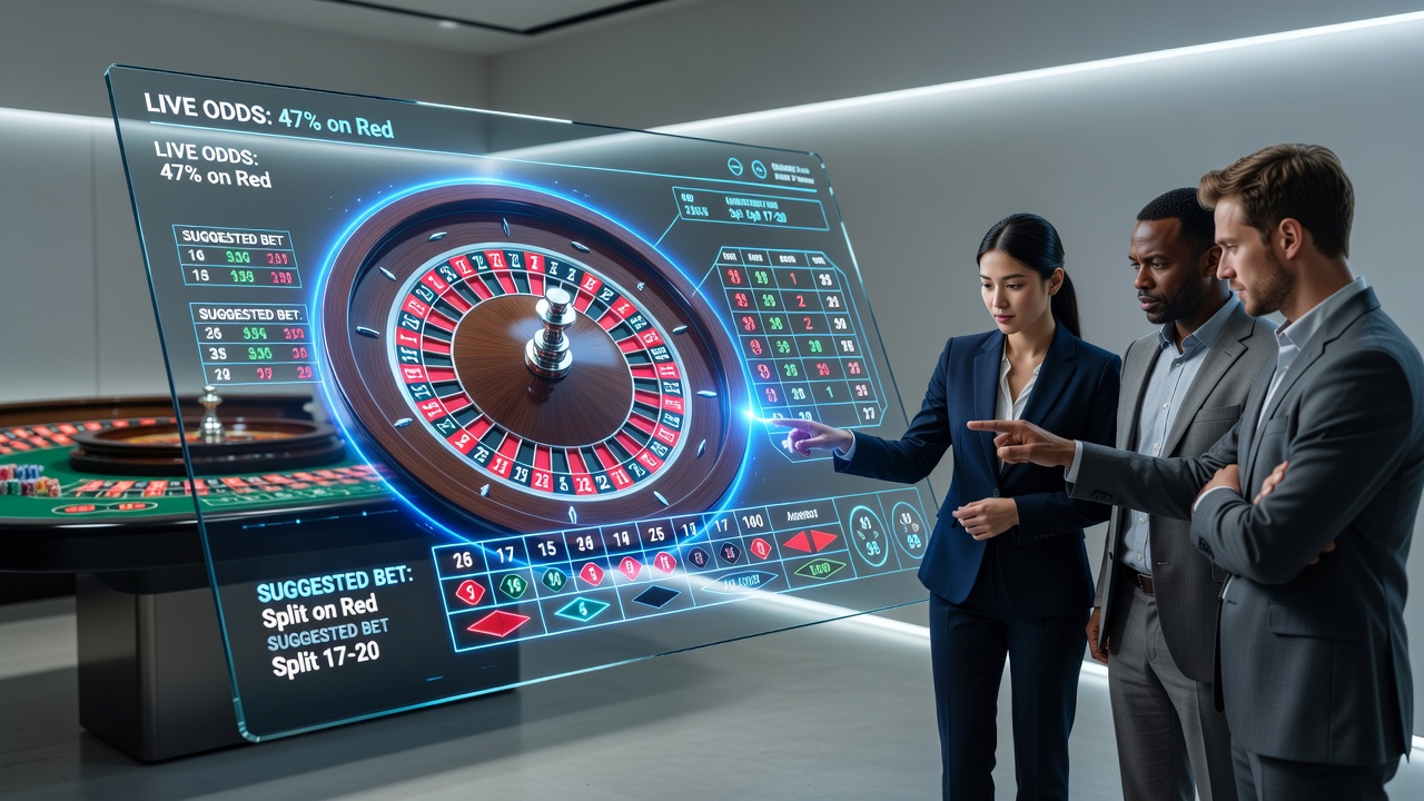 Player reviewing roulette session analytics on a smartphone with overlaid trend graphs and risk indicators