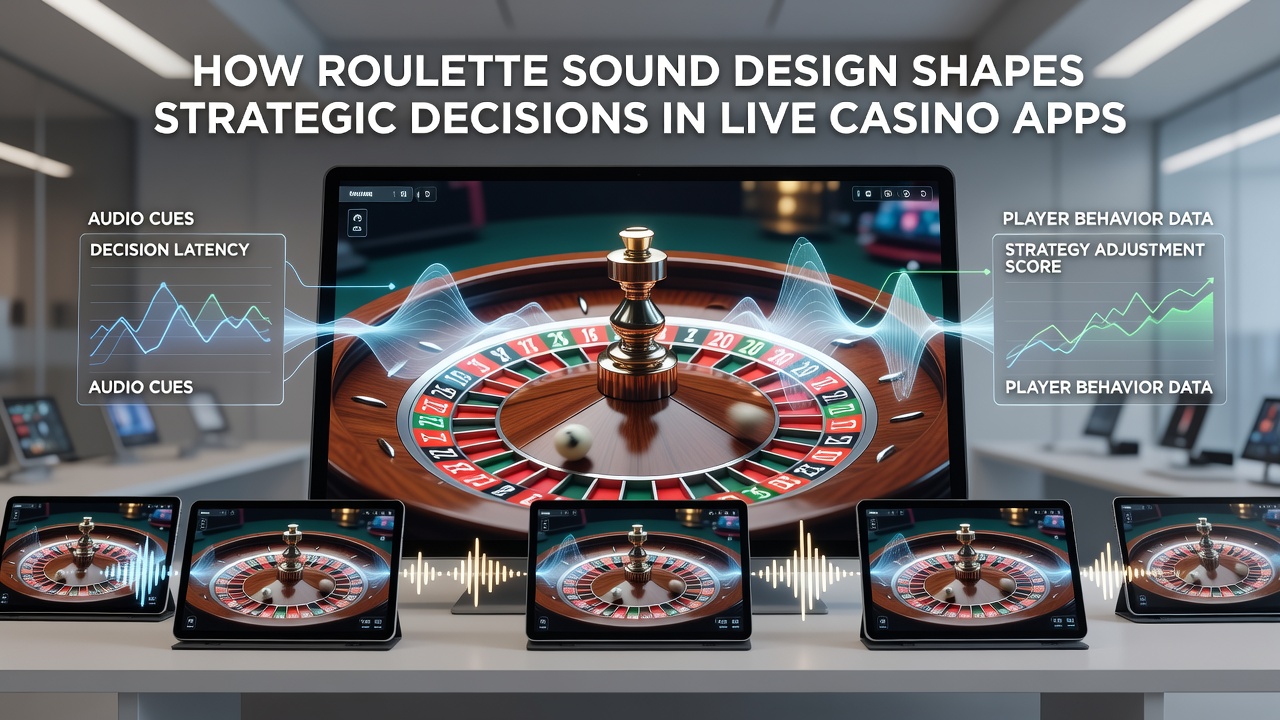 Close-up of roulette wheel animation in a live casino app with waveform overlays representing sound design elements during ball spin